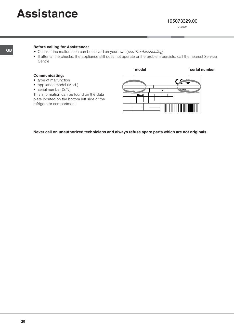 Assistance, Model serial number | Hotpoint Ariston Monoporte SDS 1721 V-HA User Manual | Page 20 / 52