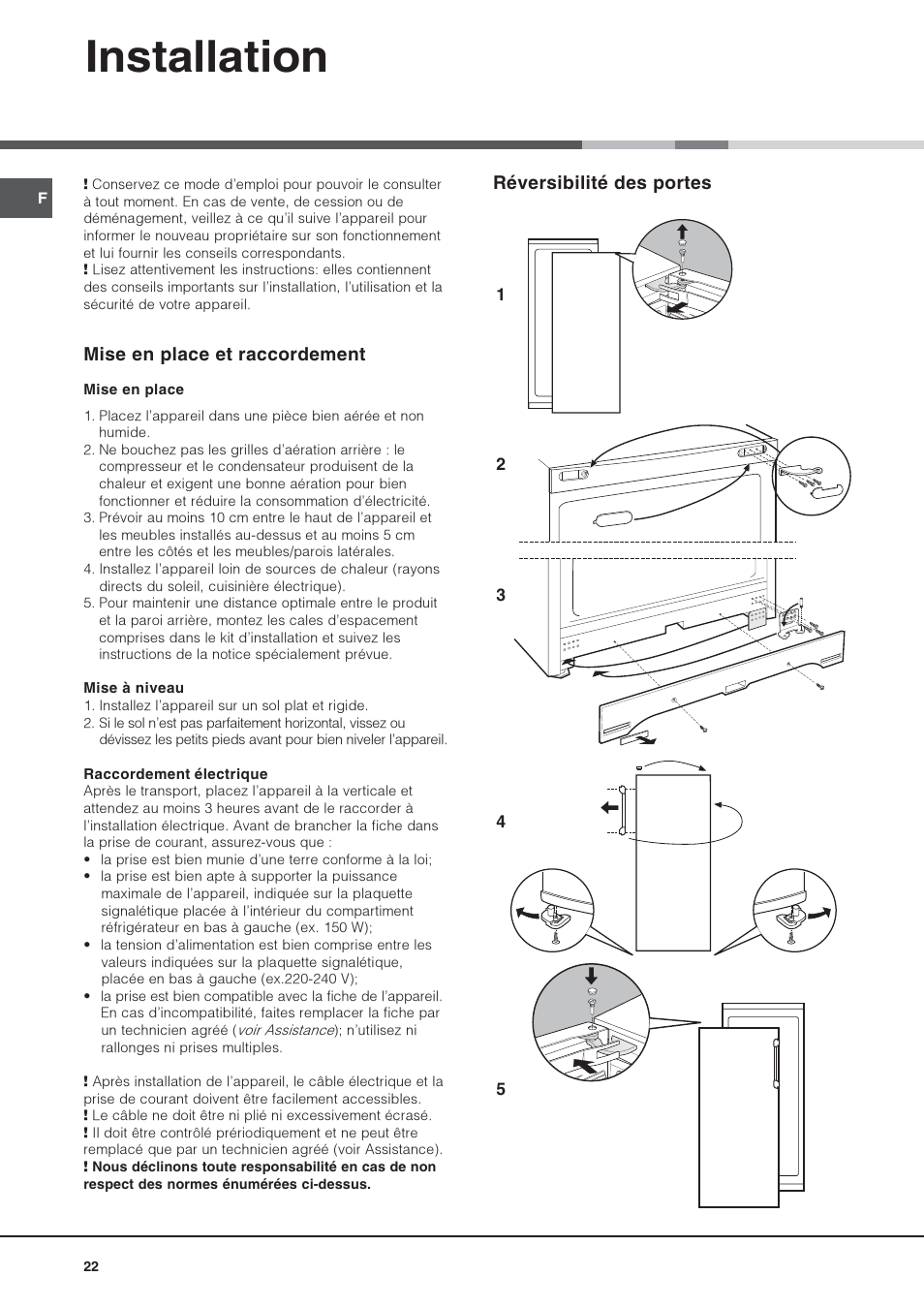 Installation, Mise en place et raccordement, Réversibilité des portes | Hotpoint Ariston Monoporte SDS 1721 V-HA User Manual | Page 22 / 52