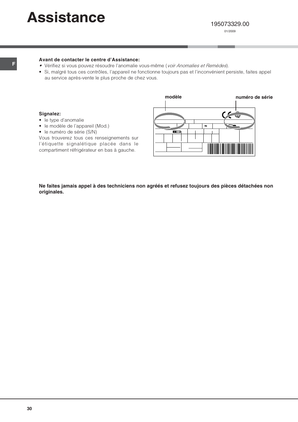 Assistance, Modèle numéro de série | Hotpoint Ariston Monoporte SDS 1721 V-HA User Manual | Page 30 / 52