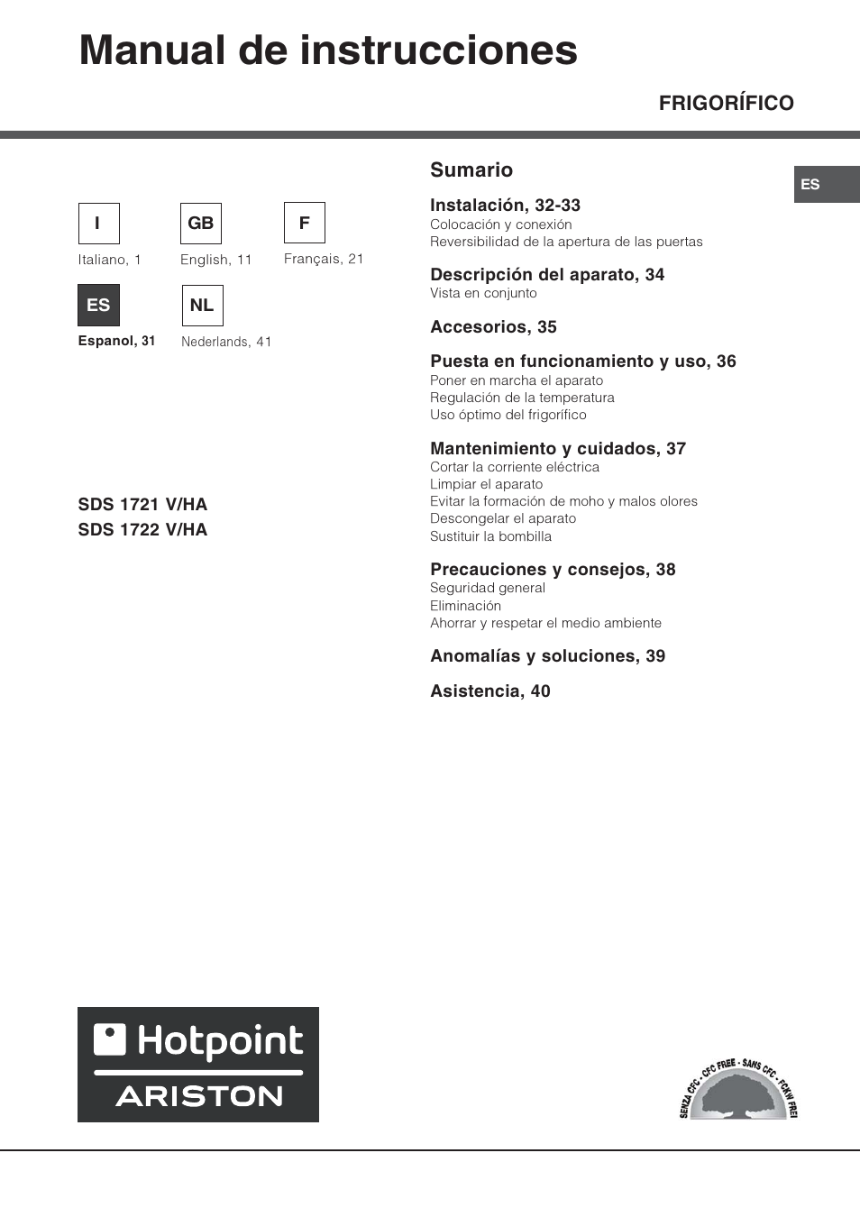 Manual de instrucciones, Frigorífico sumario | Hotpoint Ariston Monoporte SDS 1721 V-HA User Manual | Page 31 / 52