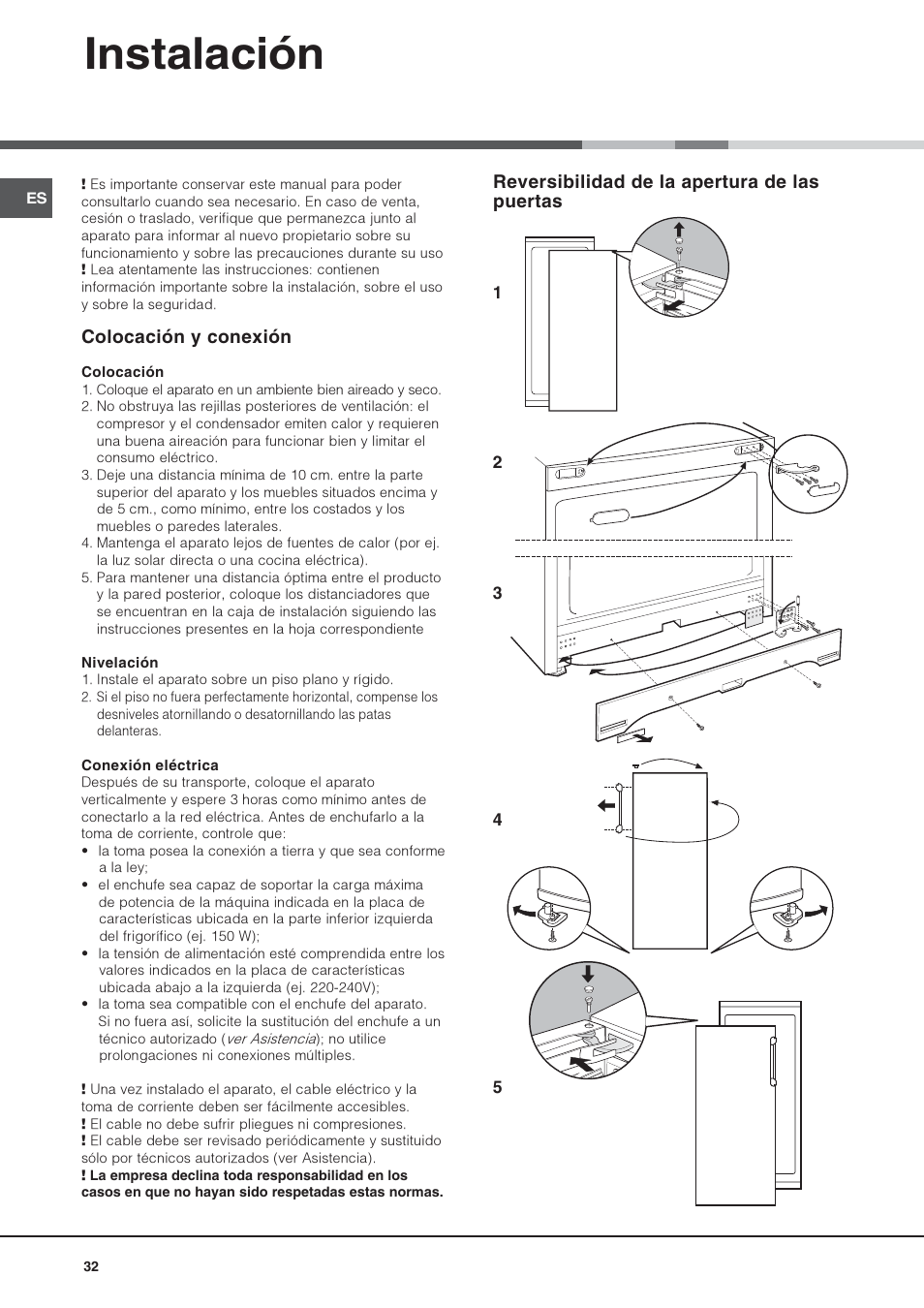 Instalación, Colocación y conexión, Reversibilidad de la apertura de las puertas | Hotpoint Ariston Monoporte SDS 1721 V-HA User Manual | Page 32 / 52