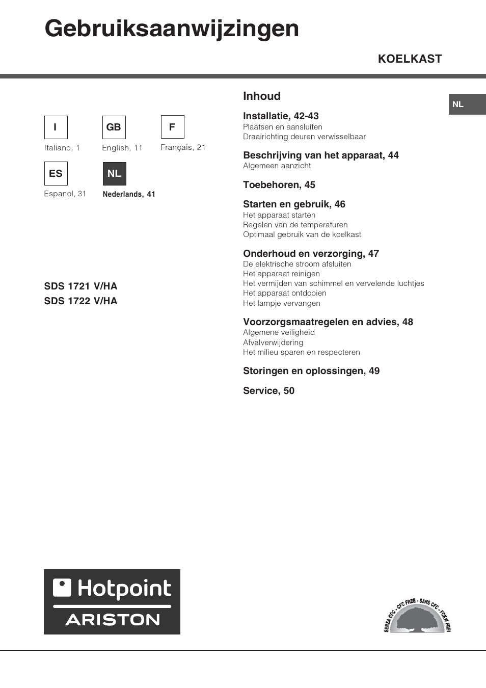 Gebruiksaanwijzingen, Koelkast inhoud | Hotpoint Ariston Monoporte SDS 1721 V-HA User Manual | Page 41 / 52