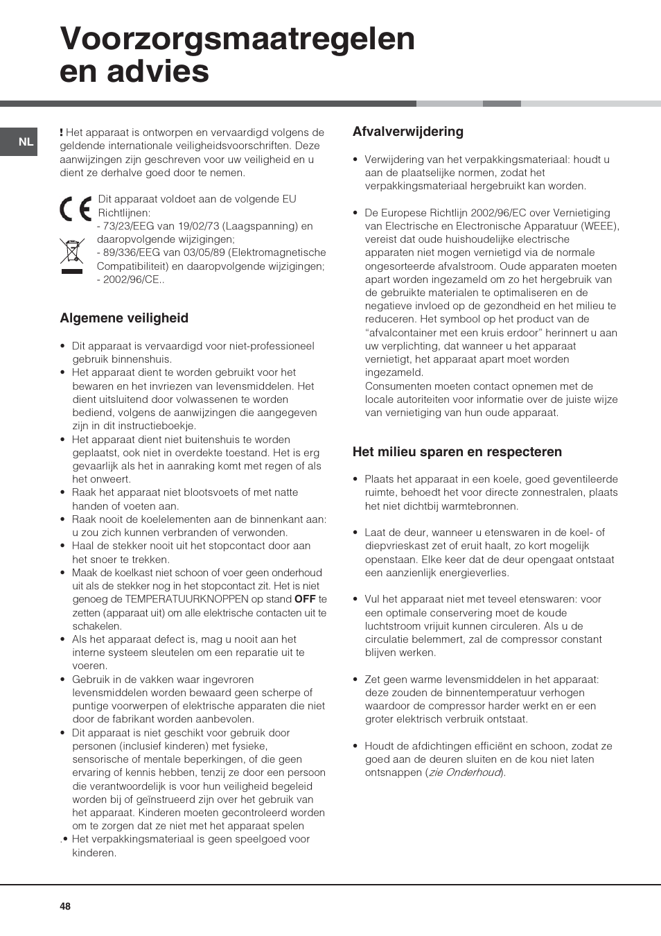 Voorzorgsmaatregelen en advies | Hotpoint Ariston Monoporte SDS 1721 V-HA User Manual | Page 48 / 52