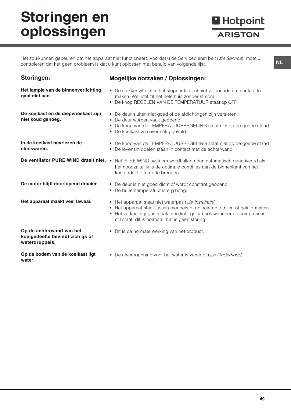 Storingen en oplossingen | Hotpoint Ariston Monoporte SDS 1721 V-HA User Manual | Page 49 / 52