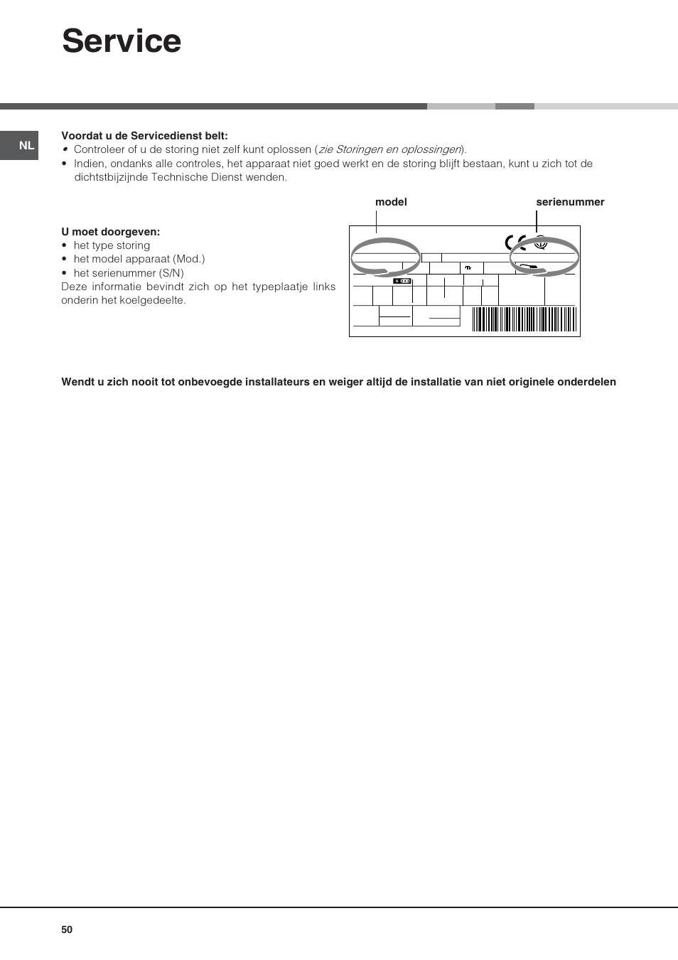 Service, Model serienummer | Hotpoint Ariston Monoporte SDS 1721 V-HA User Manual | Page 50 / 52
