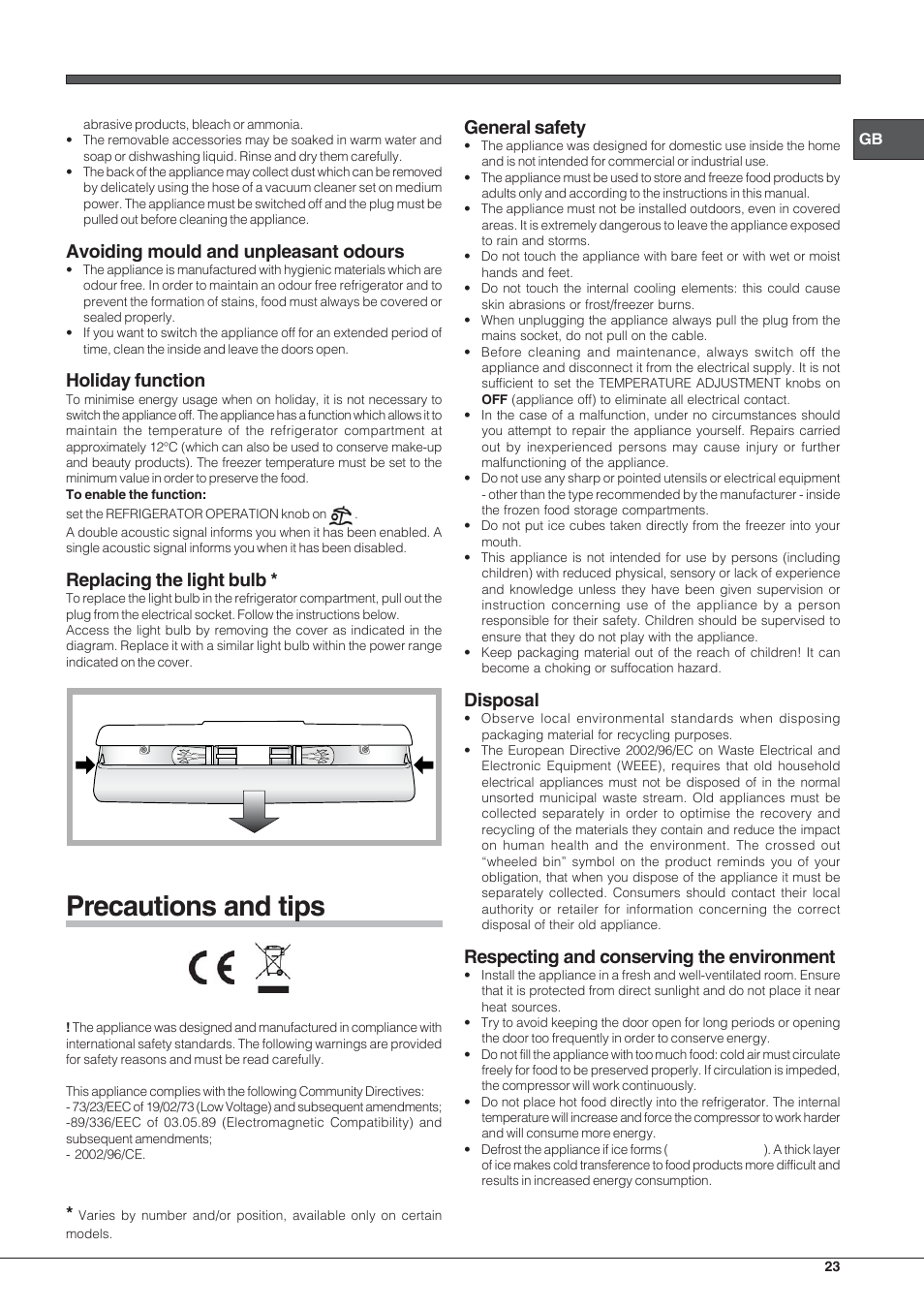 Precautions and tips, Avoiding mould and unpleasant odours, Holiday function | Replacing the light bulb, General safety, Disposal, Respecting and conserving the environment | Hotpoint Ariston Combiné EBLH 18223 F O3 User Manual | Page 23 / 52