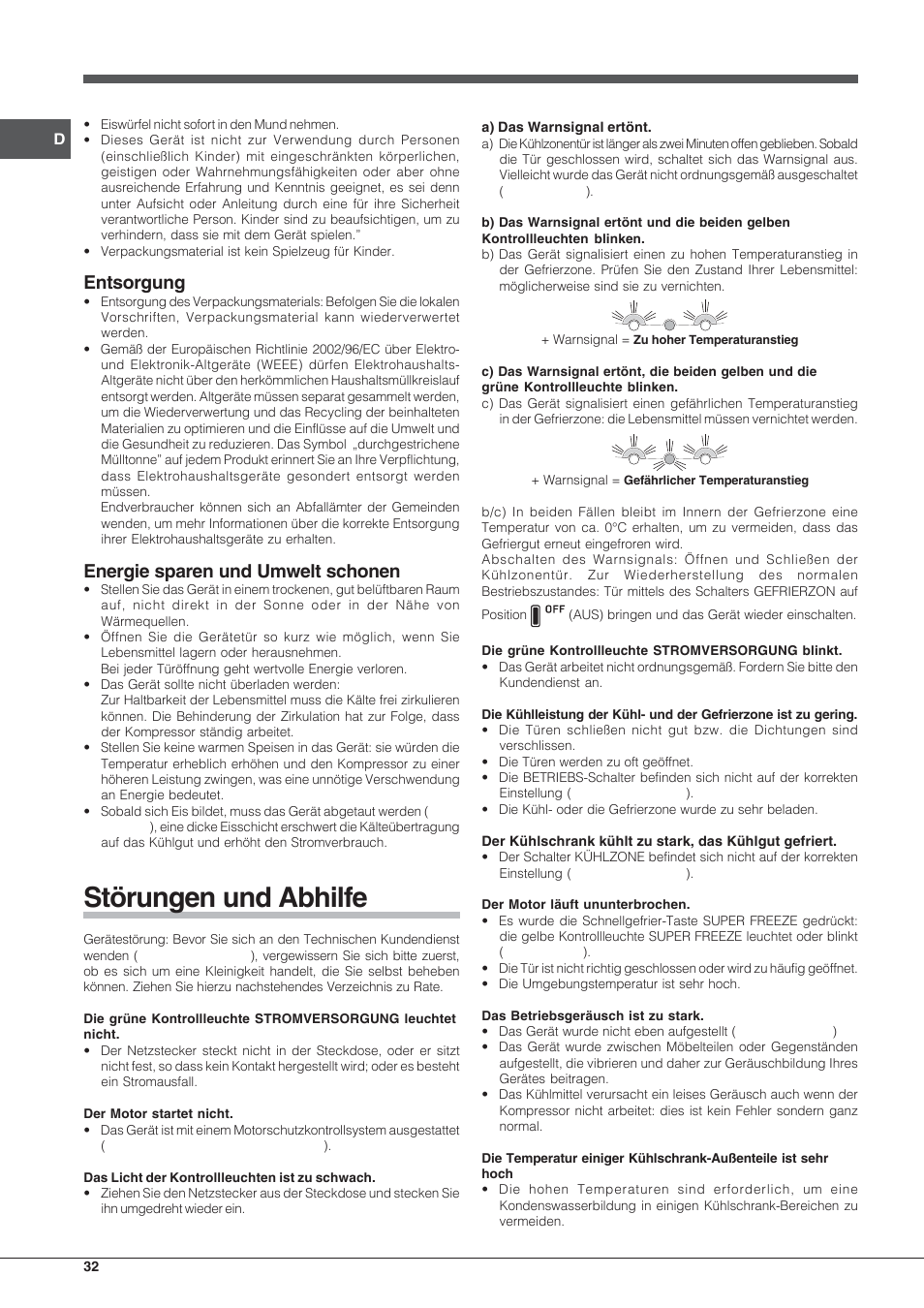 Störungen und abhilfe, Entsorgung, Energie sparen und umwelt schonen | Hotpoint Ariston Combiné EBLH 18223 F O3 User Manual | Page 32 / 52