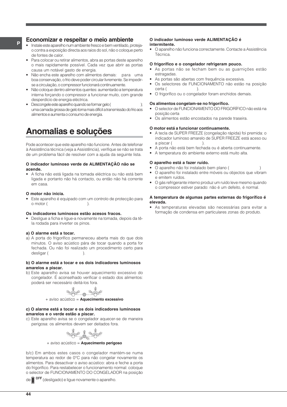 Anomalias e soluções, Economizar e respeitar o meio ambiente | Hotpoint Ariston Combiné EBLH 18223 F O3 User Manual | Page 44 / 52