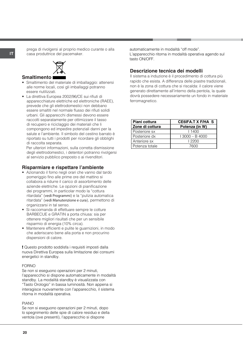 Smaltimento, Risparmiare e rispettare l’ambiente, Descrizione tecnica dei modelli | Hotpoint Ariston CE6IFA.T X F-HA S User Manual | Page 20 / 64