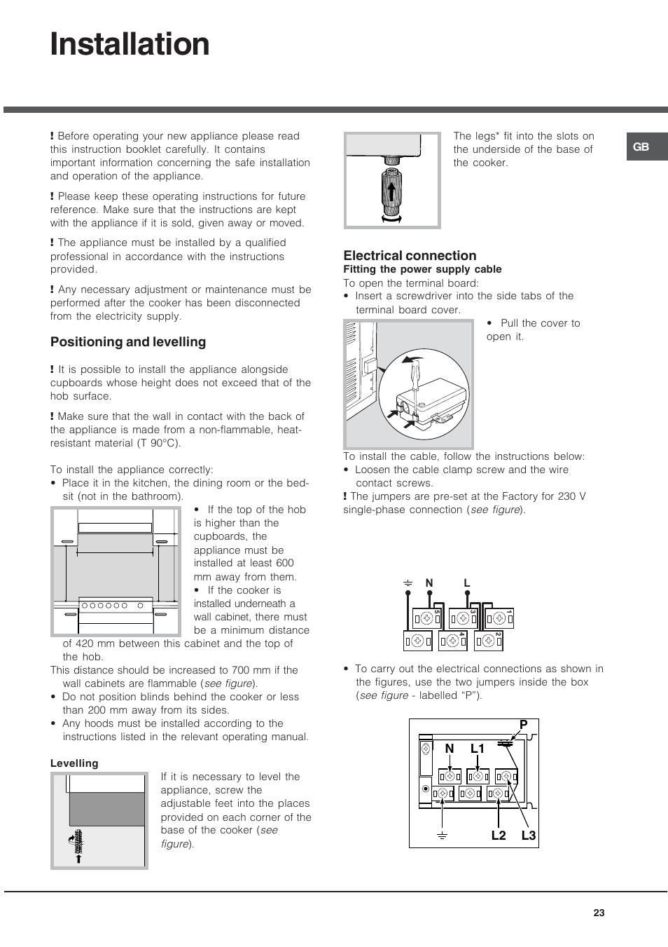 Installation, Positioning and levelling, Electrical connection | Nl2 l1 l3 p | Hotpoint Ariston CE6IFA.T X F-HA S User Manual | Page 23 / 64