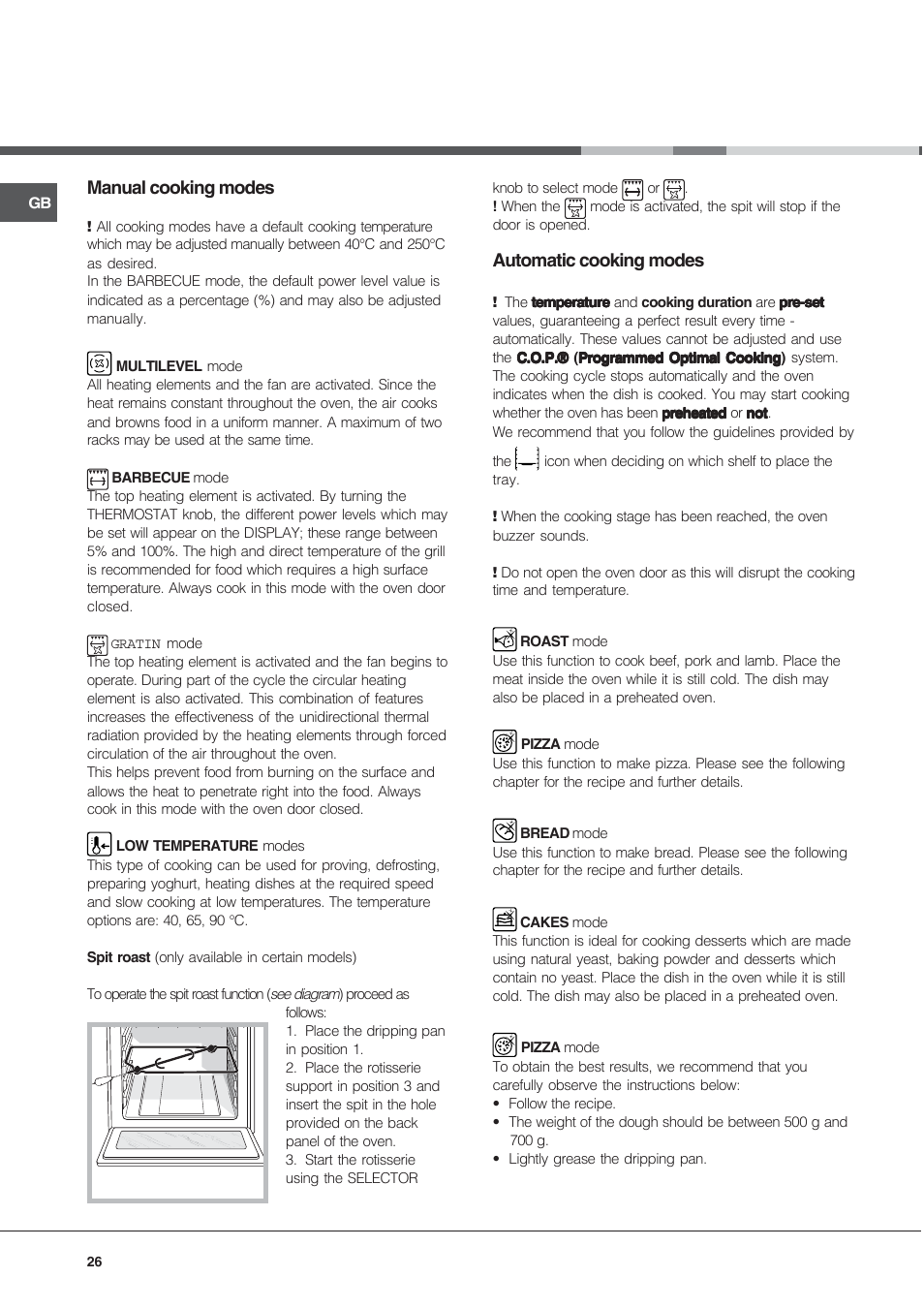Manual cooking modes, Automatic cooking modes | Hotpoint Ariston CE6IFA.T X F-HA S User Manual | Page 26 / 64