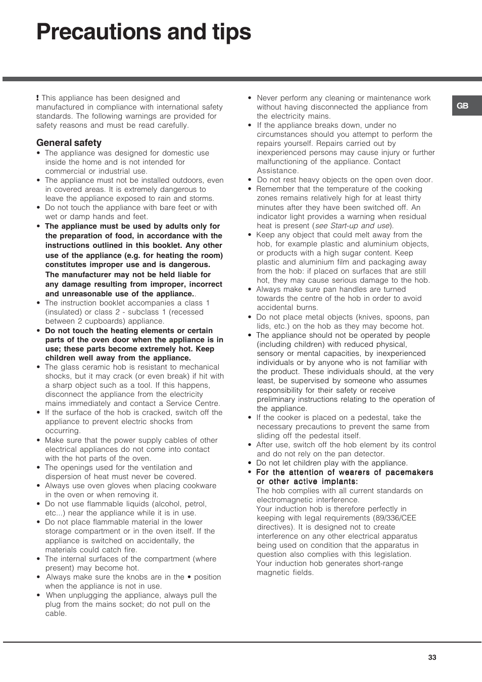 Precautions and tips, General safety | Hotpoint Ariston CE6IFA.T X F-HA S User Manual | Page 33 / 64