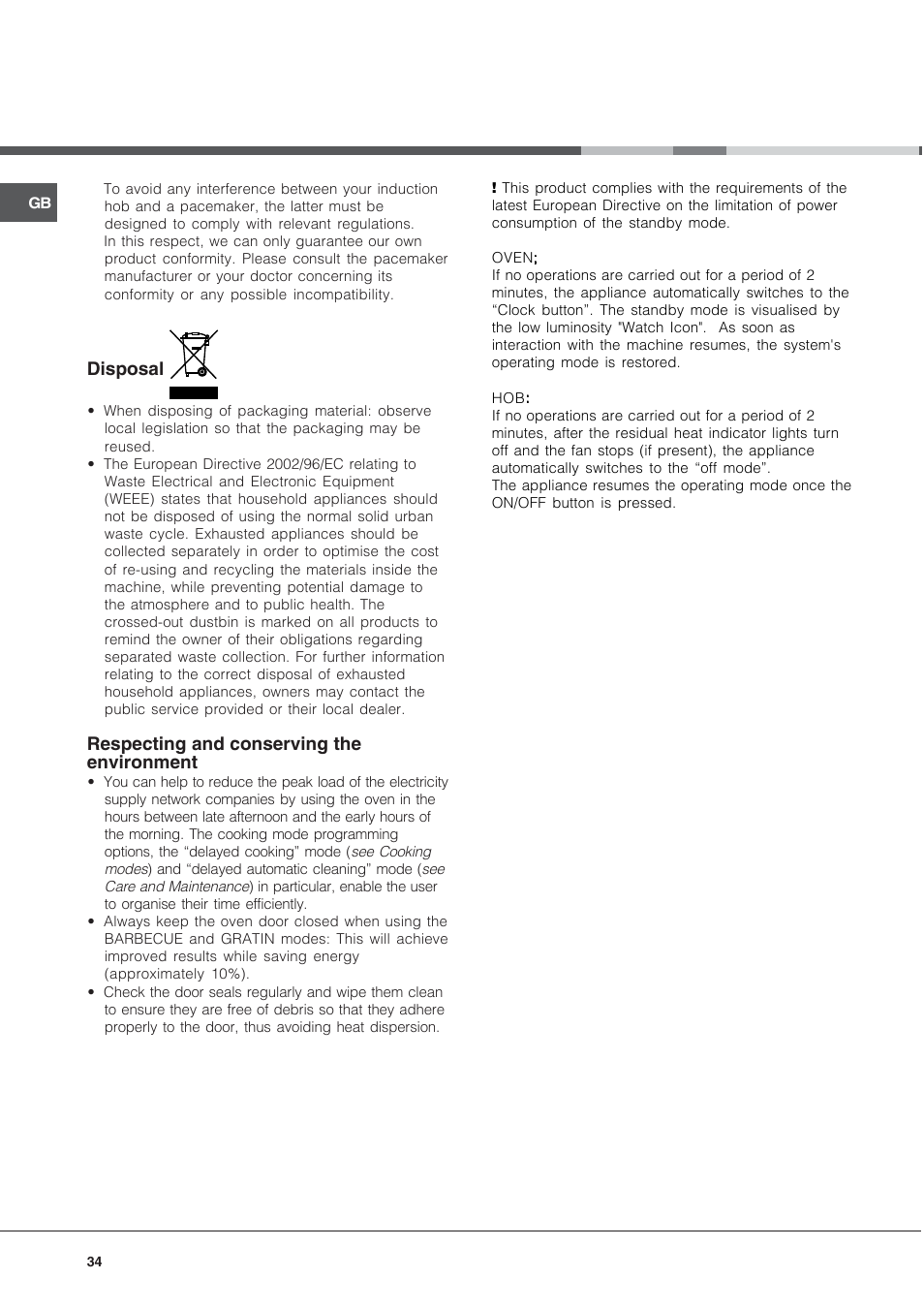 Disposal, Respecting and conserving the environment | Hotpoint Ariston CE6IFA.T X F-HA S User Manual | Page 34 / 64