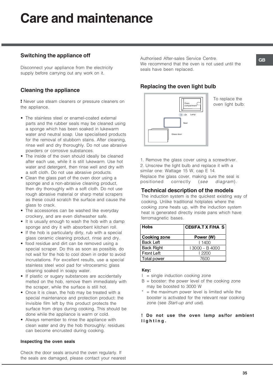 Care and maintenance, Switching the appliance off, Cleaning the appliance | Replacing the oven light bulb, Technical description of the models | Hotpoint Ariston CE6IFA.T X F-HA S User Manual | Page 35 / 64
