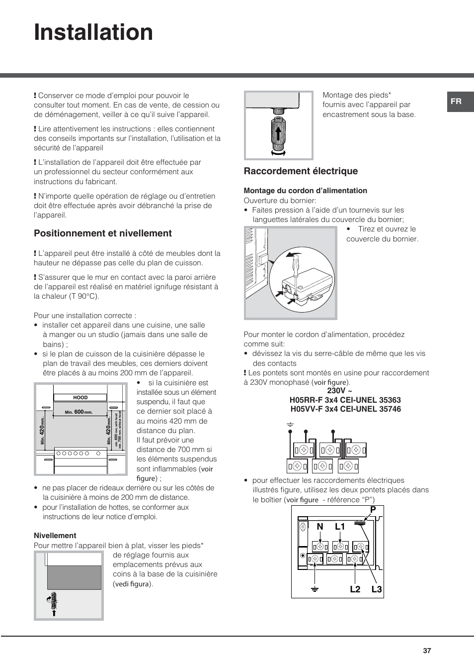 Installation, Positionnement et nivellement, Raccordement électrique | Nl2 l1 l3 p | Hotpoint Ariston CE6IFA.T X F-HA S User Manual | Page 37 / 64