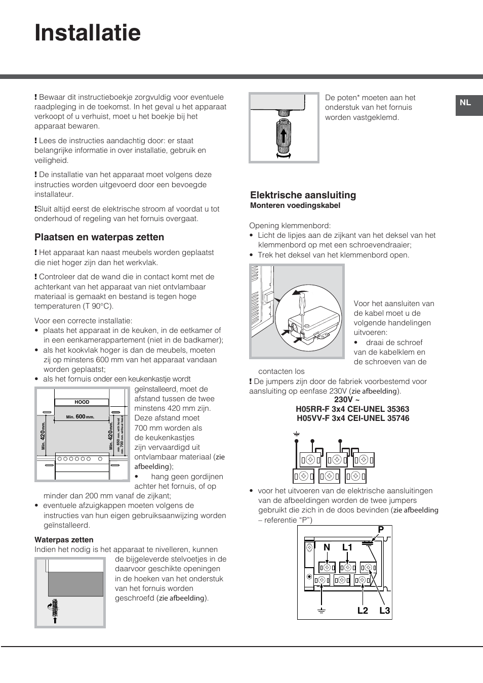 Installatie, Plaatsen en waterpas zetten, Elektrische aansluiting | Nl2 l1 l3 p | Hotpoint Ariston CE6IFA.T X F-HA S User Manual | Page 51 / 64