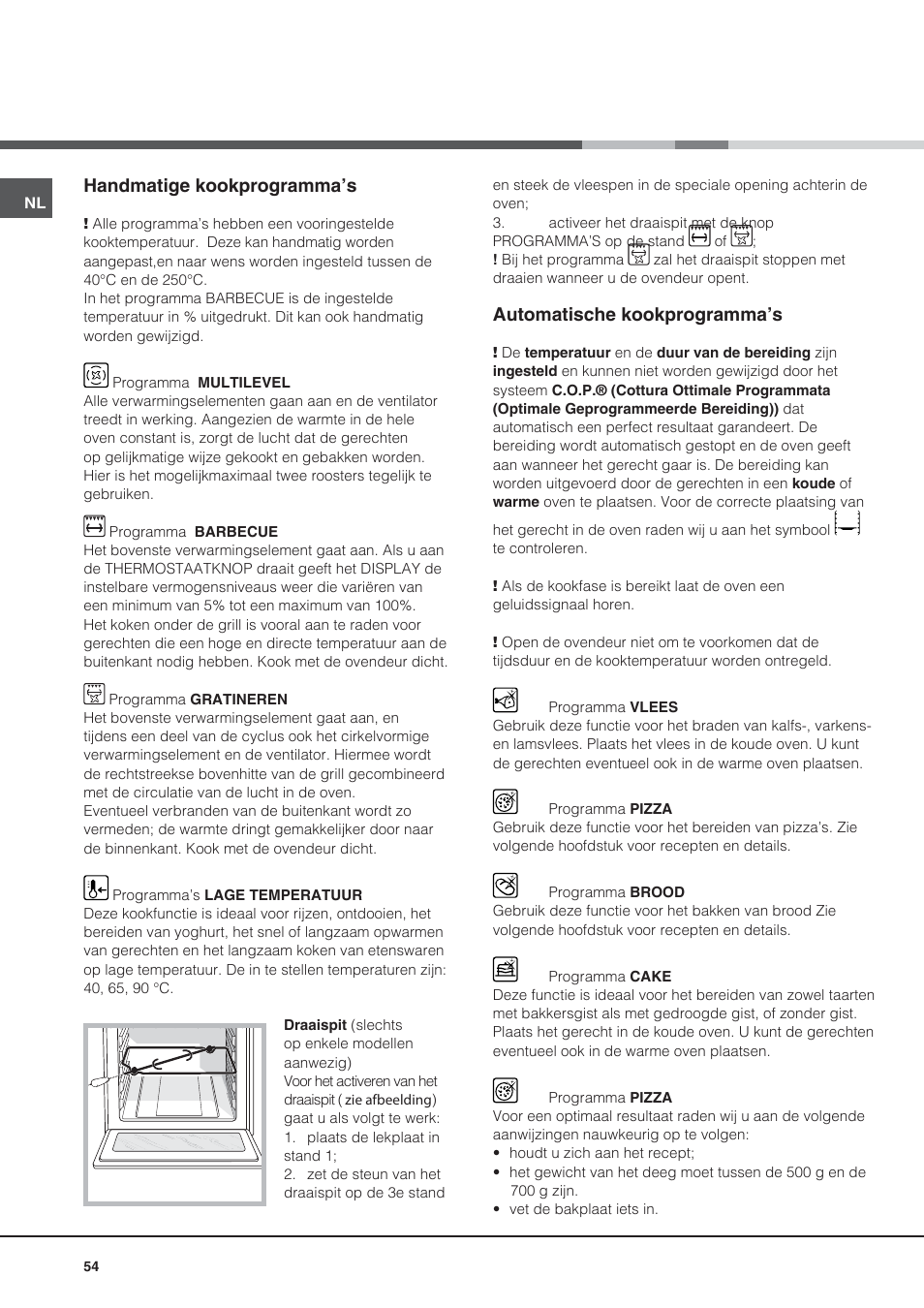 Handmatige kookprogramma’s, Automatische kookprogramma’s | Hotpoint Ariston CE6IFA.T X F-HA S User Manual | Page 54 / 64