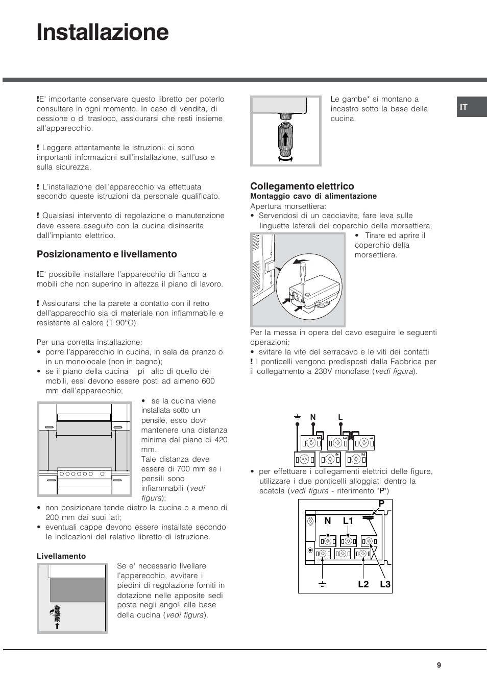 Installazione, Posizionamento e livellamento, Collegamento elettrico | Nl2 l1 l3 p | Hotpoint Ariston CE6IFA.T X F-HA S User Manual | Page 9 / 64