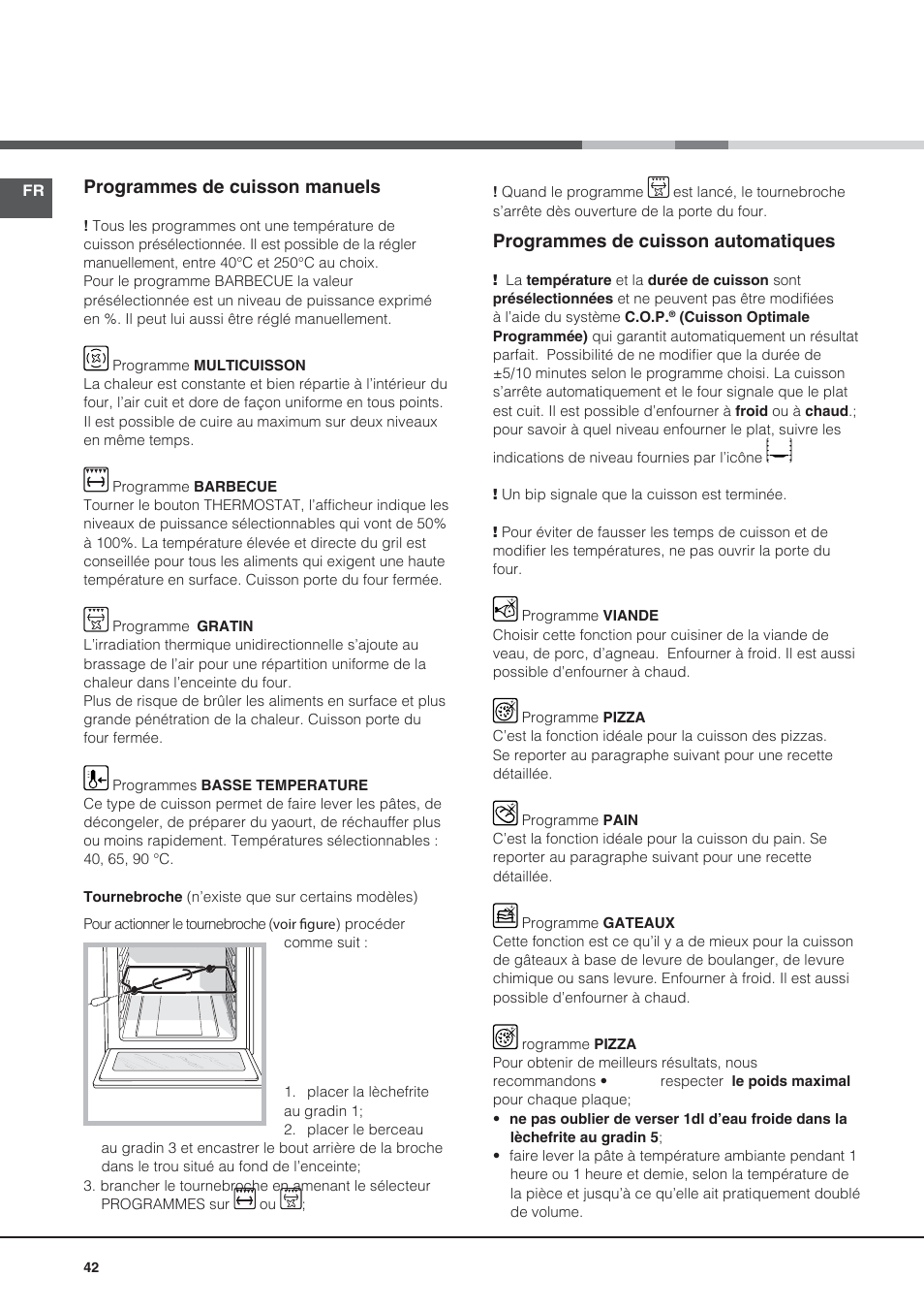 Programmes de cuisson manuels, Programmes de cuisson automatiques | Hotpoint Ariston CE6IFA.F X F-HA S User Manual | Page 42 / 68