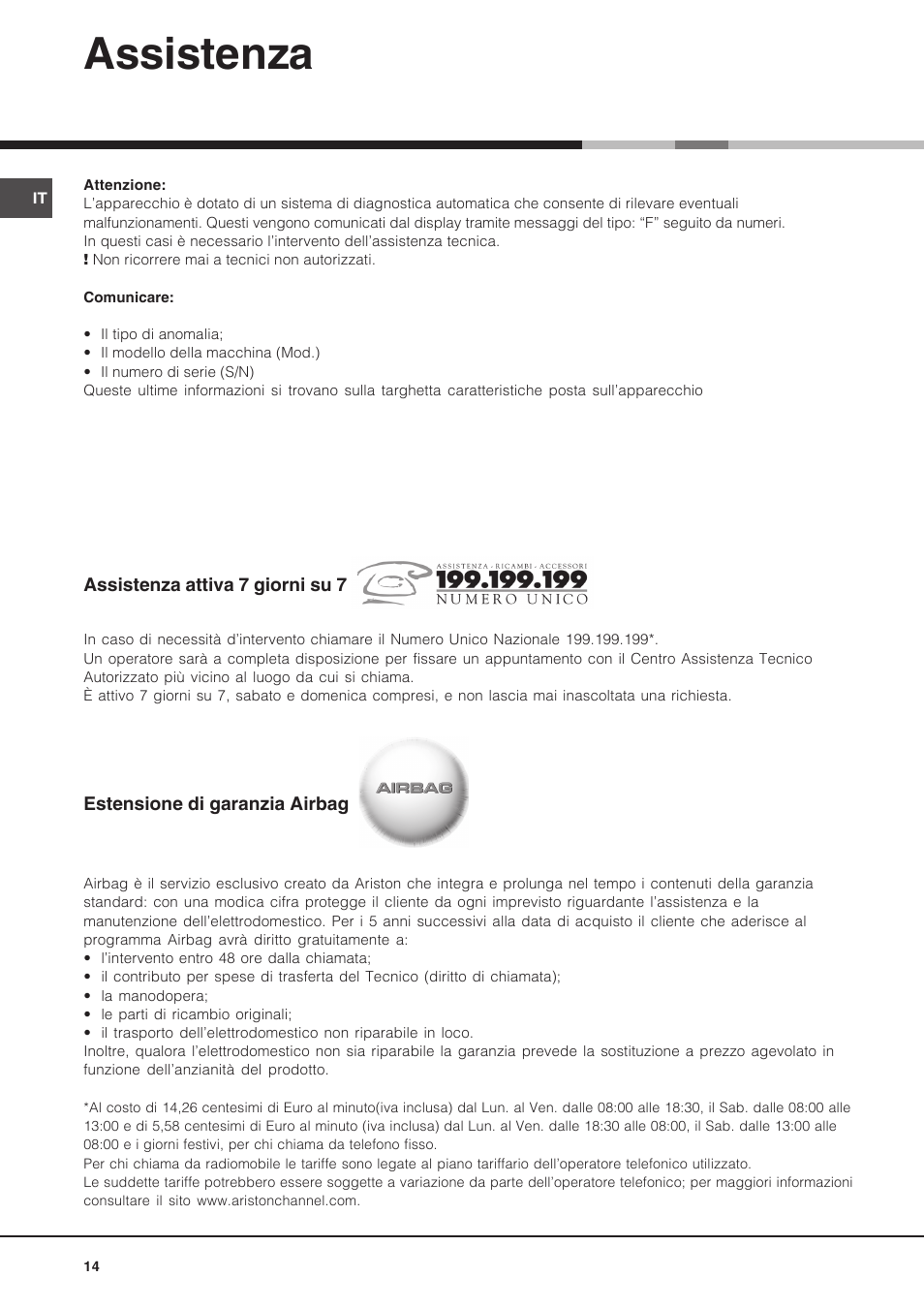 Assistenza | Hotpoint Ariston Luce FK 89 P X-HA User Manual | Page 14 / 72