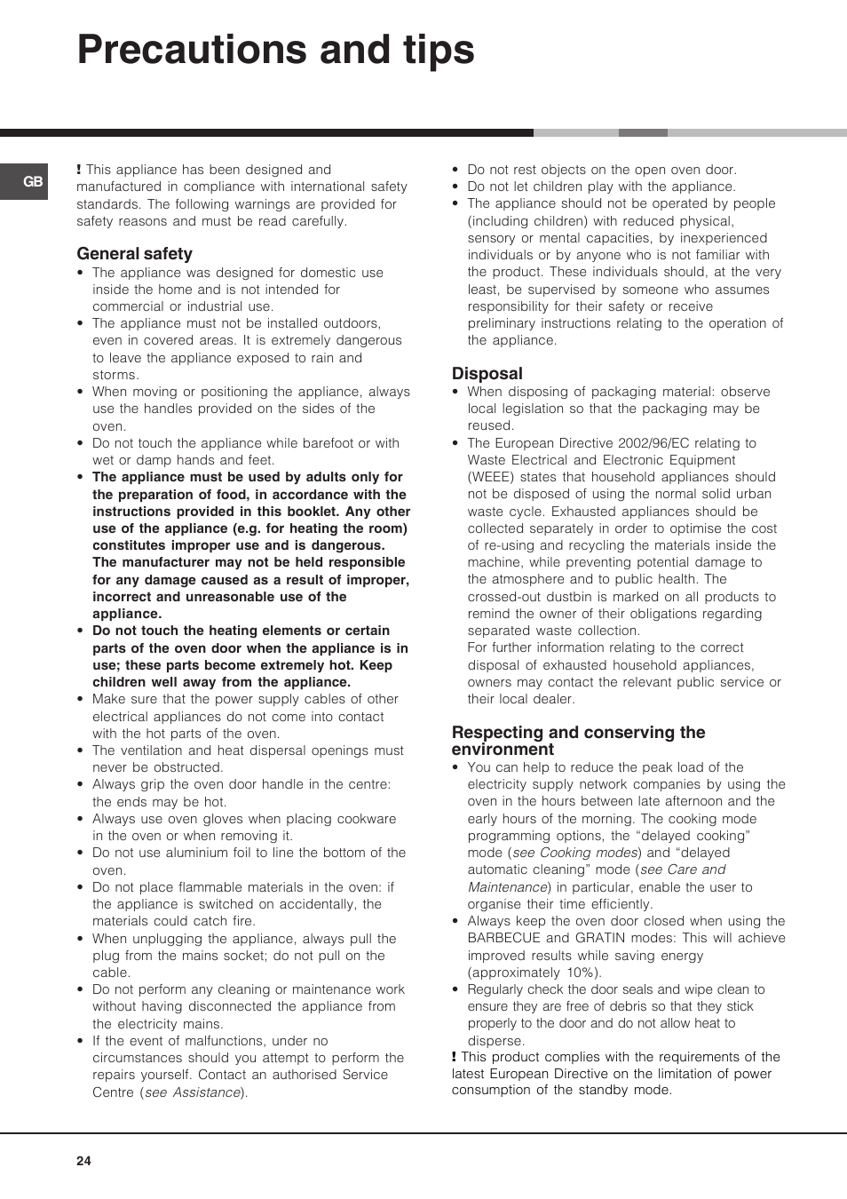 Precautions and tips | Hotpoint Ariston Luce FK 89 P X-HA User Manual | Page 24 / 72
