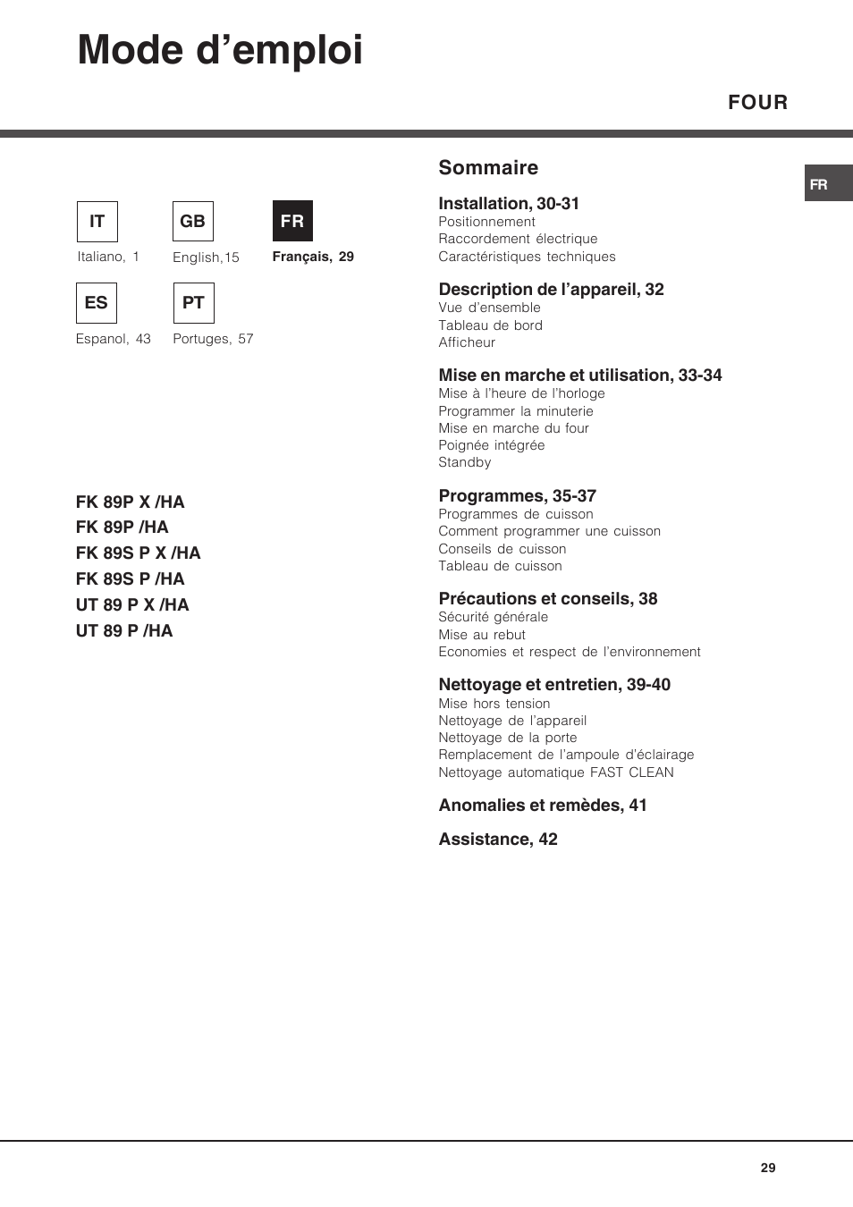 090612fr, Mode d’emploi, Four sommaire | Hotpoint Ariston Luce FK 89 P X-HA User Manual | Page 29 / 72