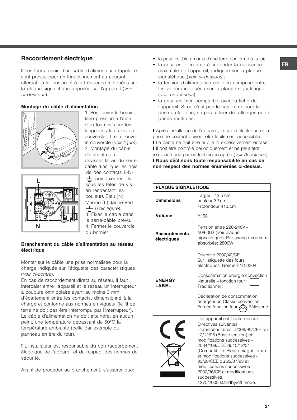 Raccordement électrique | Hotpoint Ariston Luce FK 89 P X-HA User Manual | Page 31 / 72