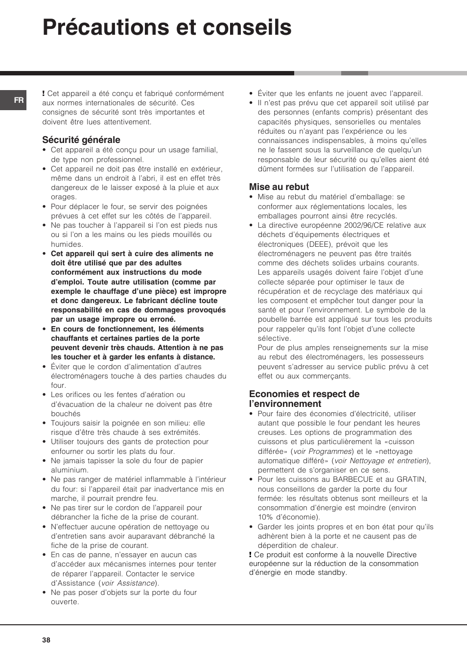 Précautions et conseils | Hotpoint Ariston Luce FK 89 P X-HA User Manual | Page 38 / 72