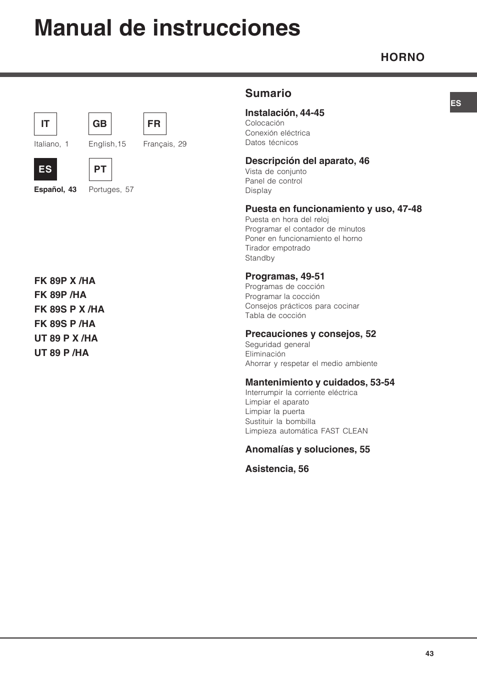 090612es, Manual de instrucciones, Horno sumario | Hotpoint Ariston Luce FK 89 P X-HA User Manual | Page 43 / 72