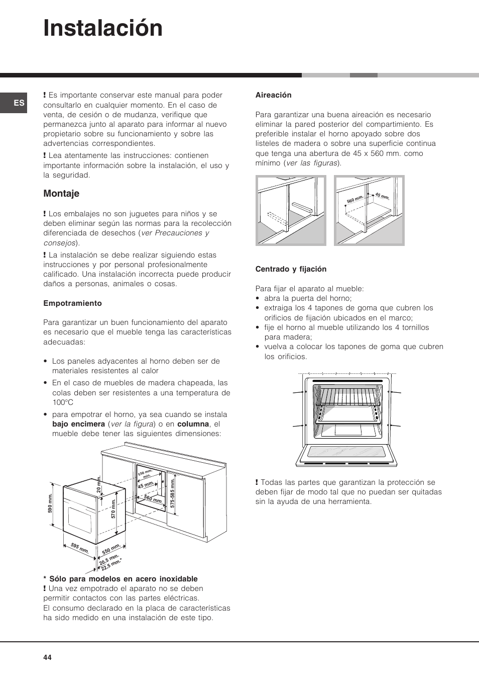 Instalación, Montaje | Hotpoint Ariston Luce FK 89 P X-HA User Manual | Page 44 / 72