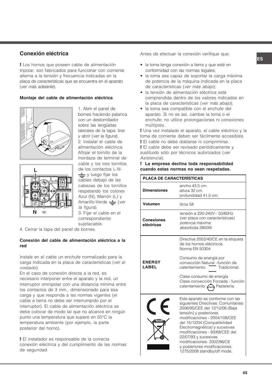 Conexión eléctrica | Hotpoint Ariston Luce FK 89 P X-HA User Manual | Page 45 / 72