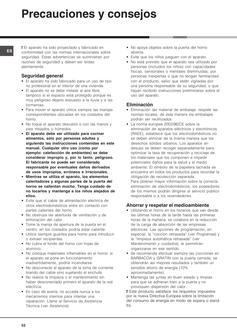 Precauciones y consejos | Hotpoint Ariston Luce FK 89 P X-HA User Manual | Page 52 / 72