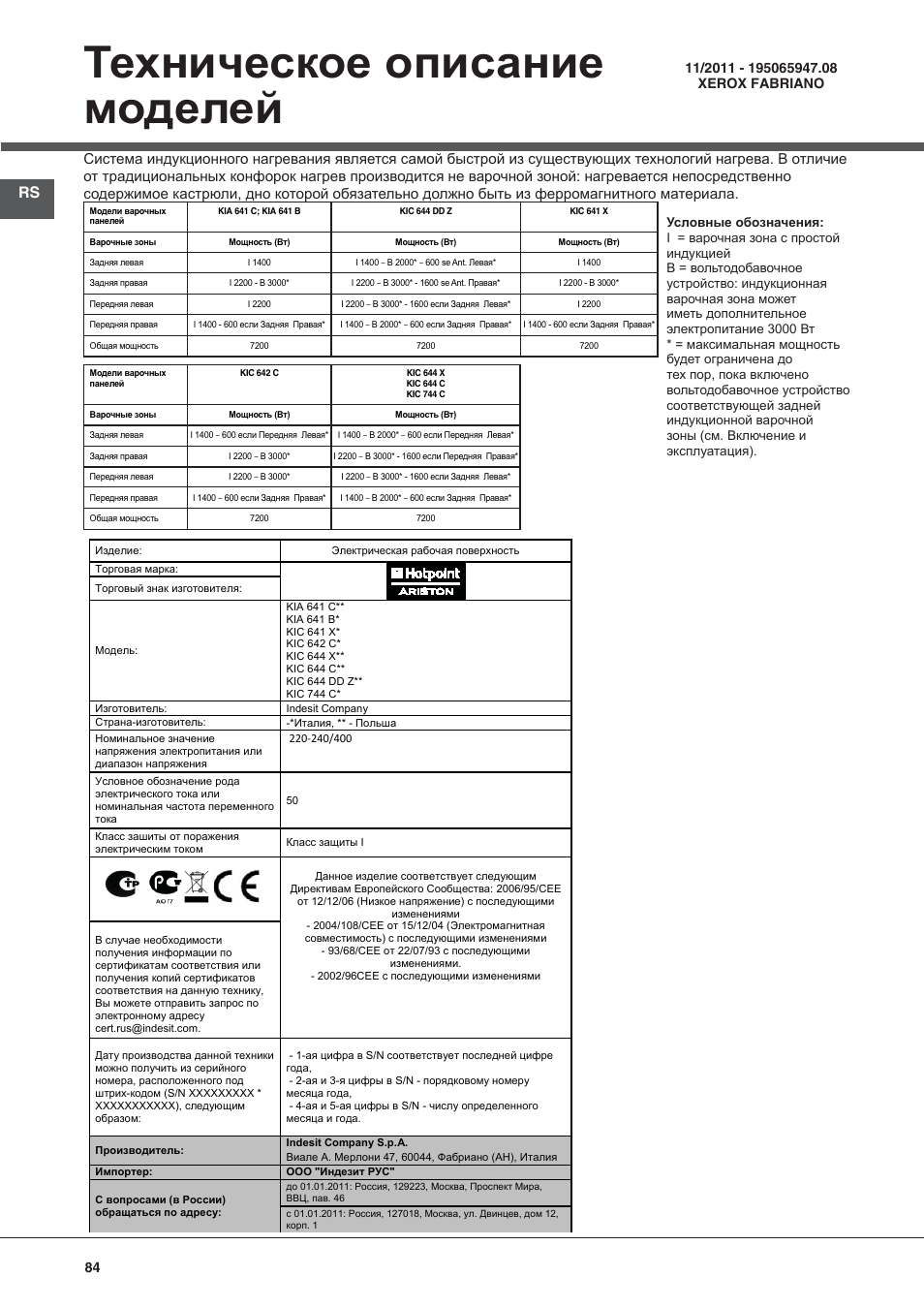 Техническое описание моделей | Hotpoint Ariston KIC 644 C User Manual | Page 84 / 84
