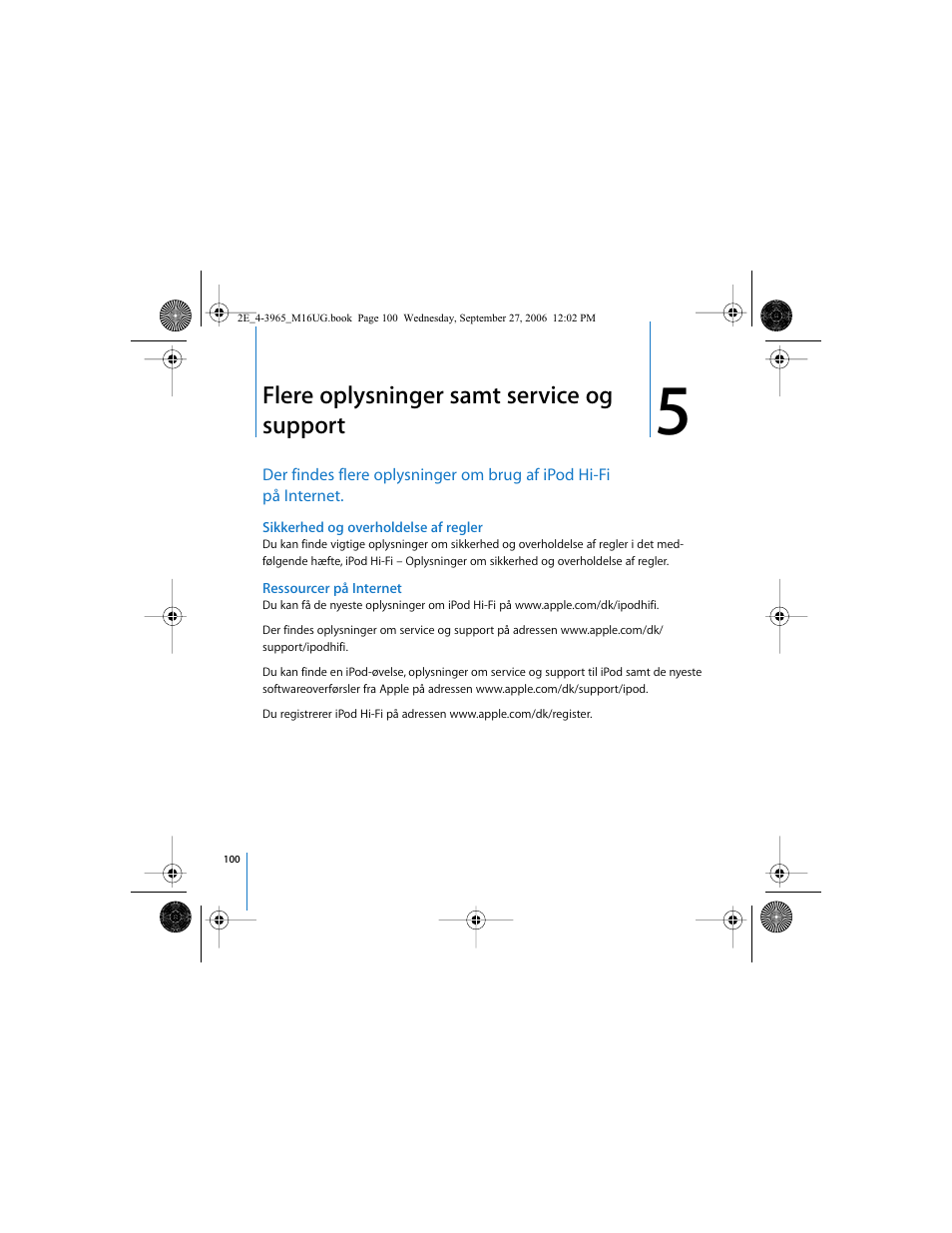 Flere oplysninger samt service og support | Apple iPod Hi-Fi User Manual | Page 100 / 102
