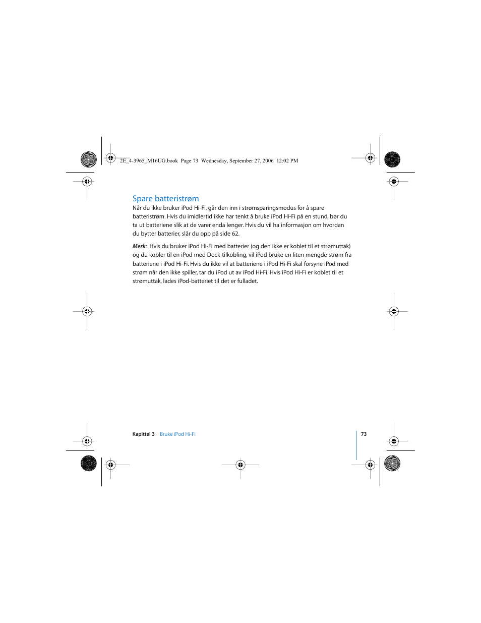 Spare batteristrøm | Apple iPod Hi-Fi User Manual | Page 73 / 102