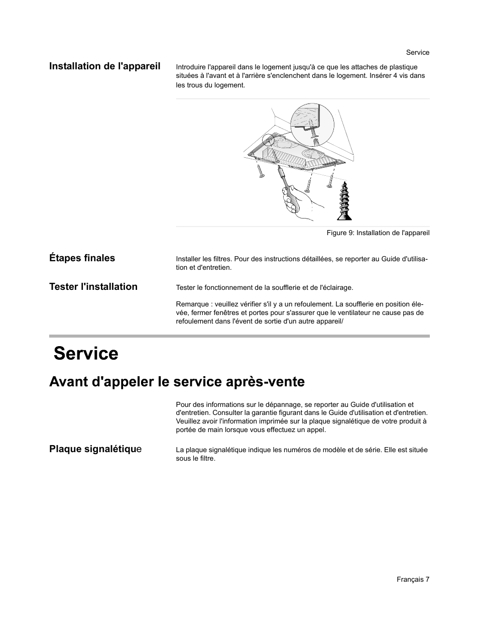 Installation de l'appareil, Étapes finales, Tester l'installation | Plaque signalétiqu e | Bosch HUI31451UC User Manual | Page 17 / 28