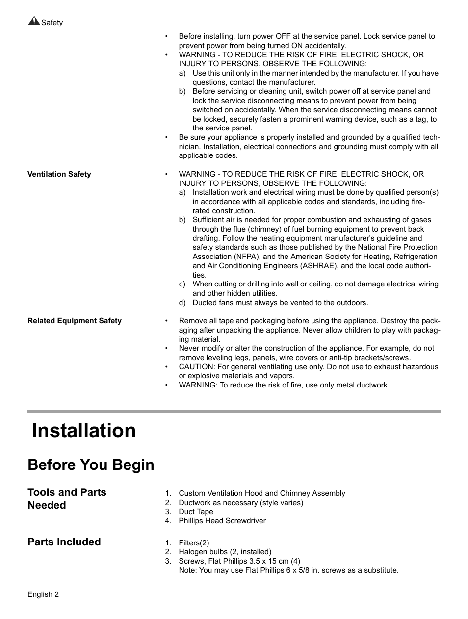 Installation, Before you begin, Tools and parts needed | Parts included | Bosch HUI31451UC User Manual | Page 4 / 28