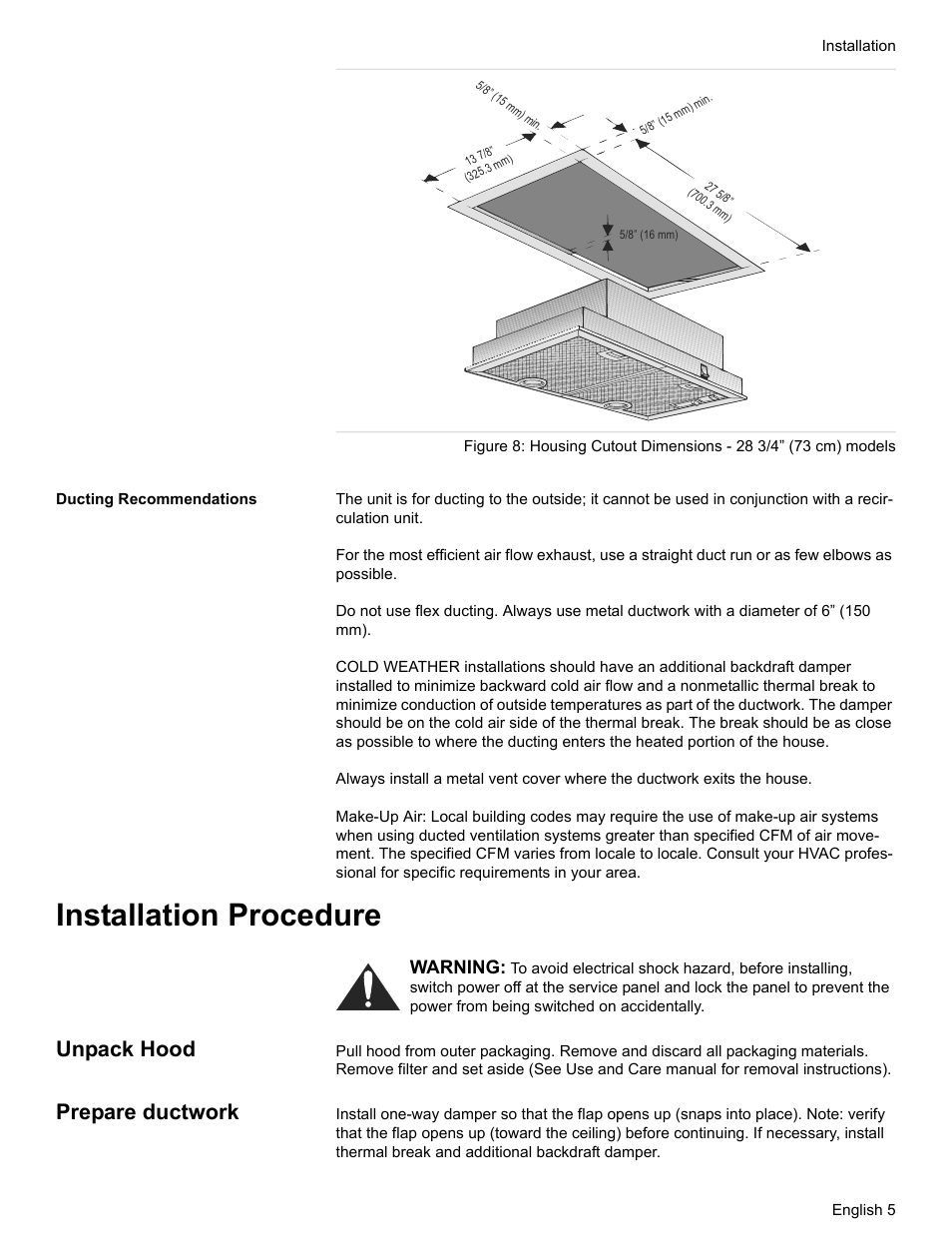 Installation procedure, Unpack hood, Prepare ductwork | Bosch HUI31451UC User Manual | Page 7 / 28