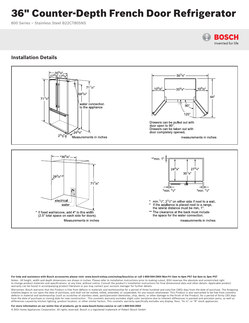 36" counter-depth french door refrigerator, Installation details | Bosch B22CT80SNS User Manual | Page 2 / 2