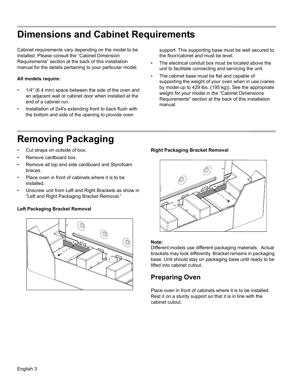 Dimensions and cabinet requirements, Removing packaging, Preparing oven | Bosch HBL8461UC User Manual | Page 6 / 56