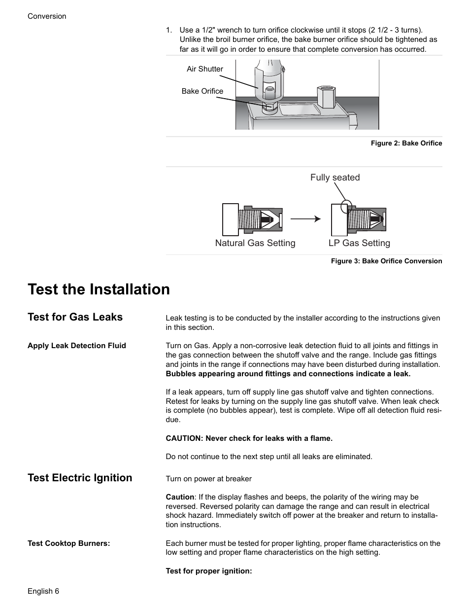 Test the installation, Test for gas leaks, Apply leak detection fluid | Test electric ignition, Test cooktop burners | Bosch HDS7052U User Manual | Page 8 / 32
