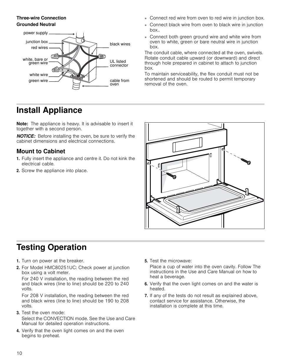 Three-wire connection, Install appliance, Note | Notice, Mount to cabinet, Screw the appliance into place, Testing operation, Turn on power at the breaker, Test the oven mode, Test the microwave | Bosch HMC80251UC User Manual | Page 10 / 32