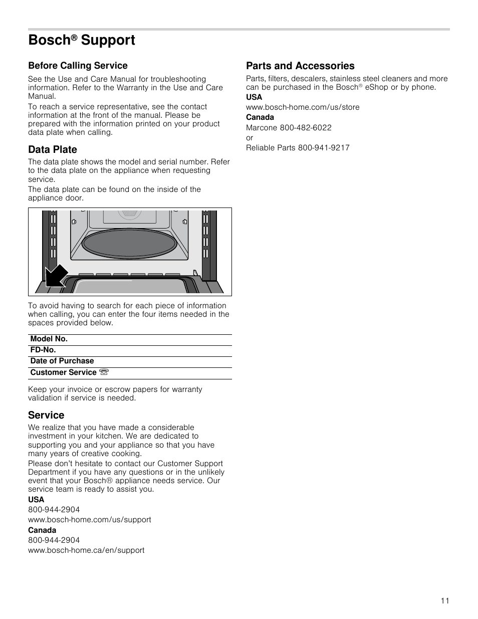 Bosch® support, Before calling service, Data plate | Service, Parts and accessories, Bosch, Support | Bosch HMC80251UC User Manual | Page 11 / 32