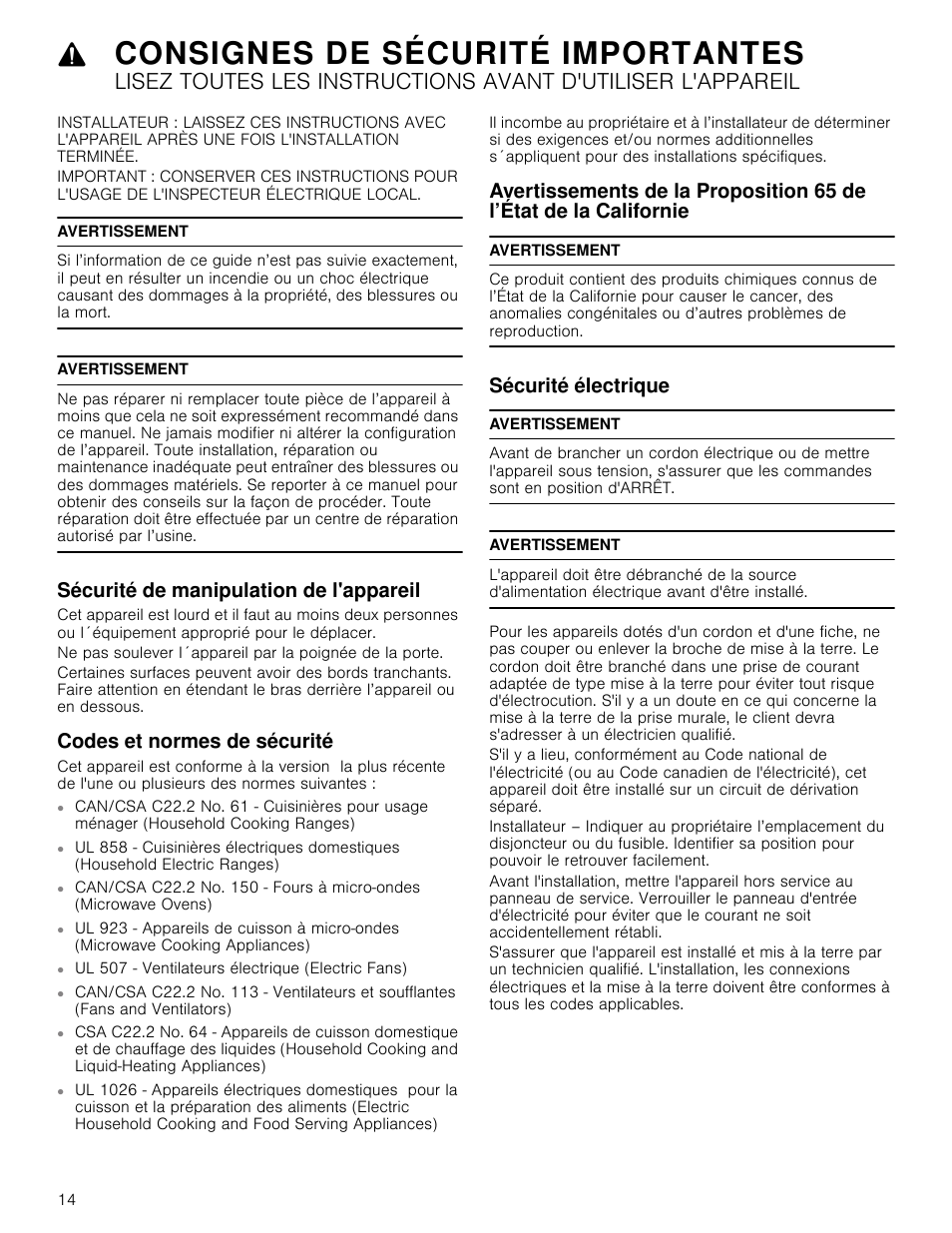 Consignes de sécurité importantes, Avertissement, Sécurité de manipulation de l'appareil | Codes et normes de sécurité, Sécurité électrique, De l’état de la californie sécurité électrique, Ul 507 - ventilateurs électrique (electric fans) | Bosch HMC80251UC User Manual | Page 14 / 32