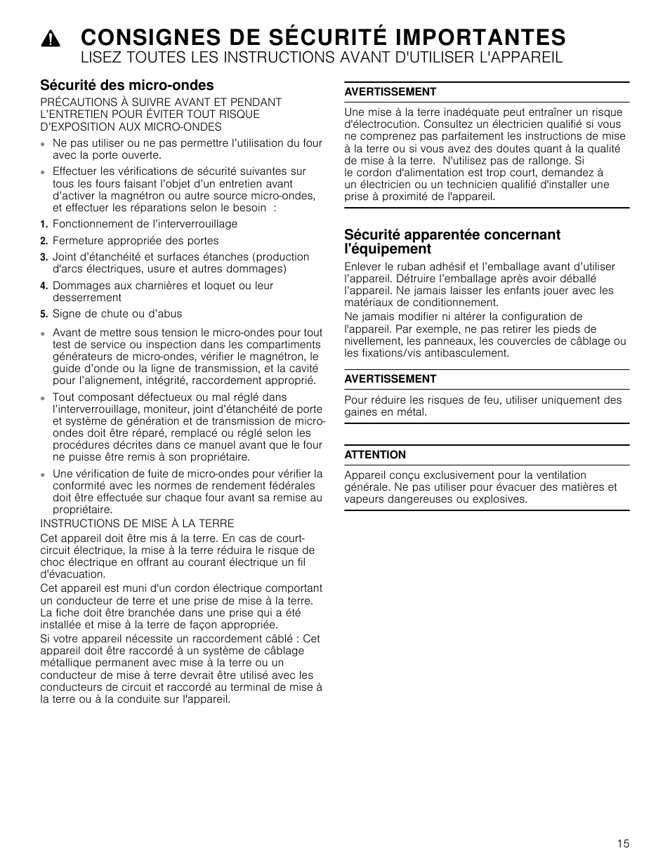 Sécurité des micro-ondes, Fonctionnement de l’interverrouillage, Fermeture appropriée des portes | Signe de chute ou d’abus, Avertissement, Sécurité apparentée concernant l'équipement, Attention, Consignes de sécurité importantes | Bosch HMC80251UC User Manual | Page 15 / 32