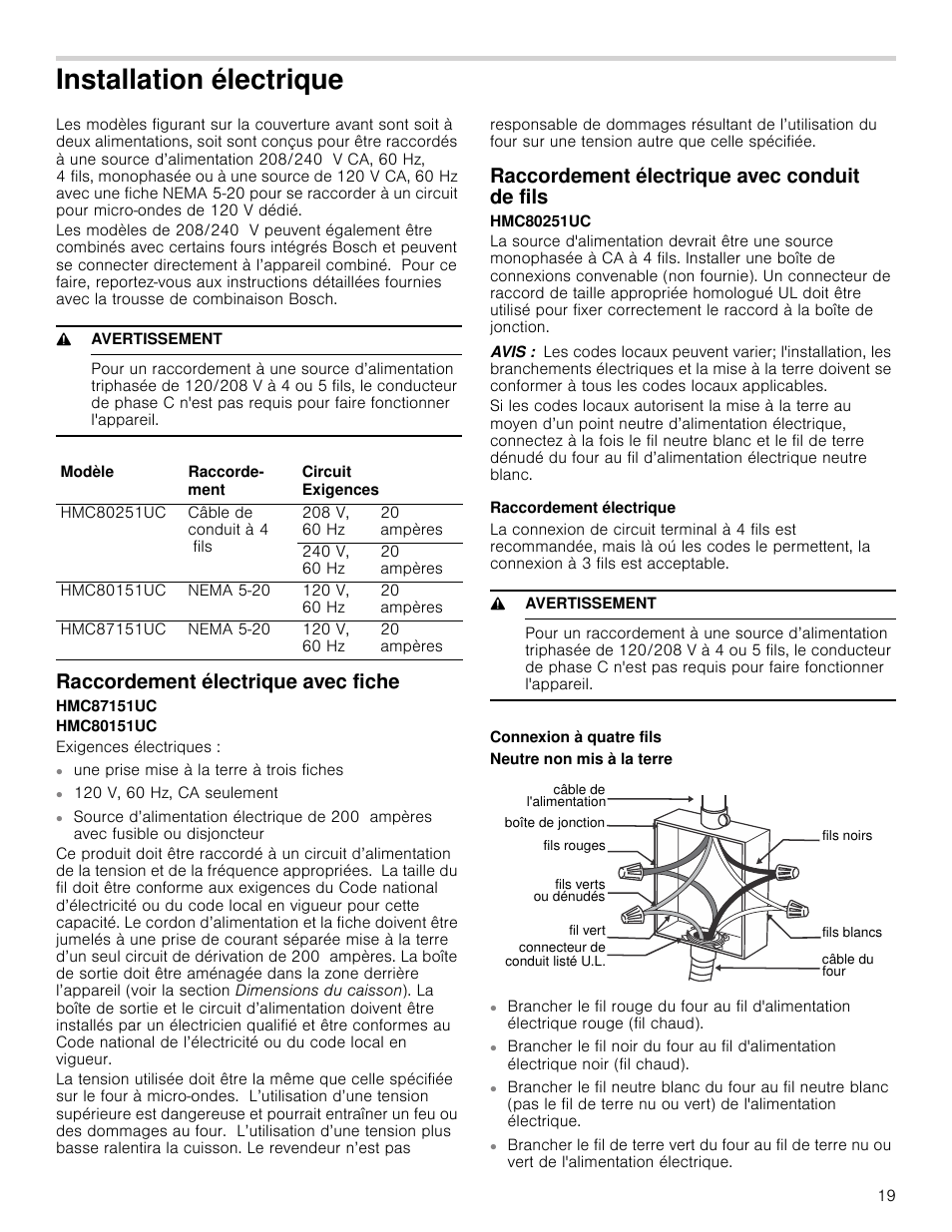 Installation électrique, 9 avertissement, Raccordement électrique avec fiche | Raccordement électrique avec conduit de fils, Avis, Raccordement électrique, Connexion à quatre fils | Bosch HMC80251UC User Manual | Page 19 / 32