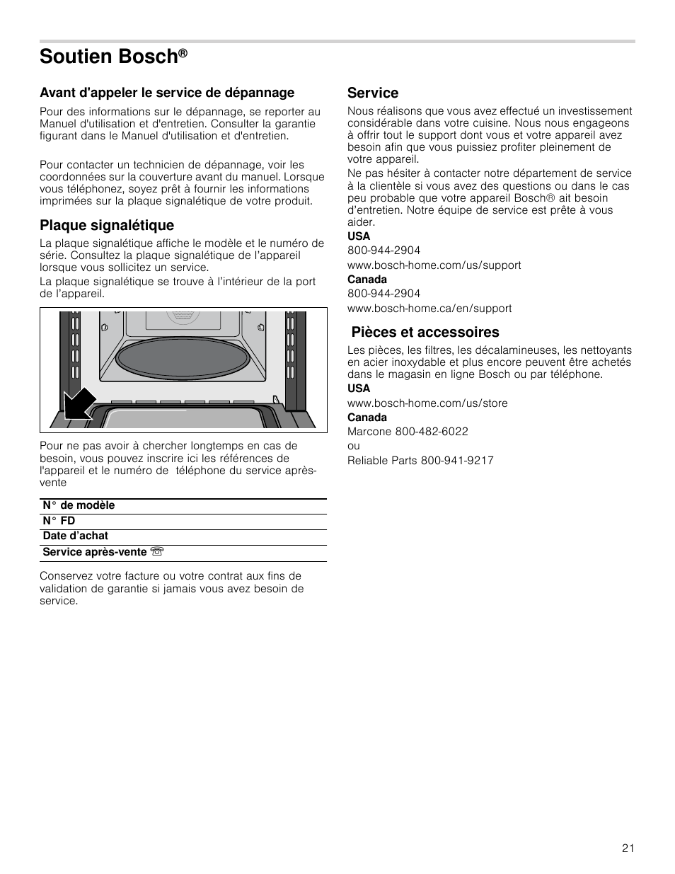 Soutien bosch, Avant d'appeler le service de dépannage, Plaque signalétique | Service, Pièces et accessoires | Bosch HMC80251UC User Manual | Page 21 / 32