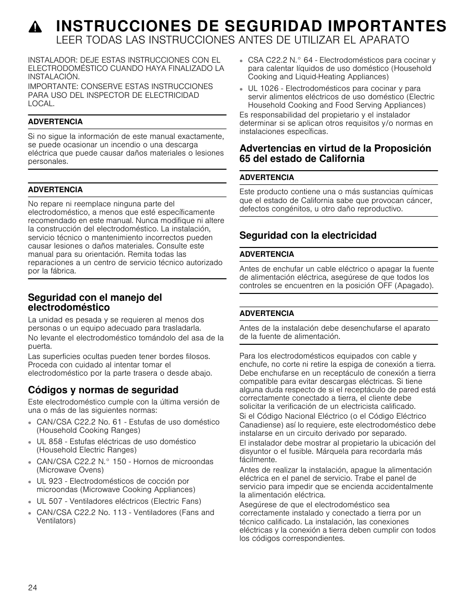 Instrucciones de seguridad importantes, Advertencia, Seguridad con el manejo del electrodoméstico | Códigos y normas de seguridad, Seguridad con la electricidad, Ul 507 - ventiladores eléctricos (electric fans) | Bosch HMC80251UC User Manual | Page 24 / 32