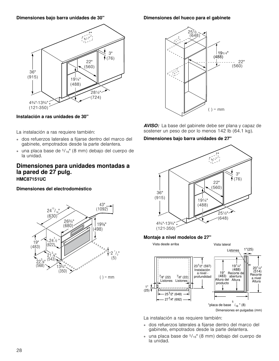 Dimensiones bajo barra unidades de 30, Instalación a ras unidades de 30, Dimensiones del electrodoméstico | Dimensiones del hueco para el gabinete, Aviso, Dimensiones bajo barra unidades de 27, Montaje a nivel modelos de 27, De 27 pulg | Bosch HMC80251UC User Manual | Page 28 / 32