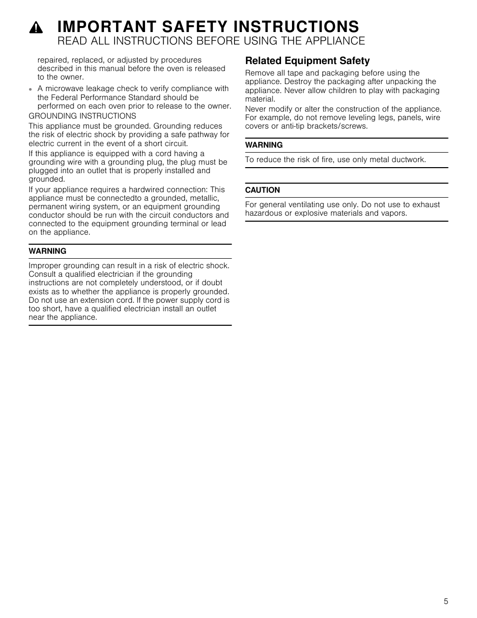 Warning, Related equipment safety, Caution | Important safety instructions, Read all instructions before using the appliance | Bosch HMC80251UC User Manual | Page 5 / 32
